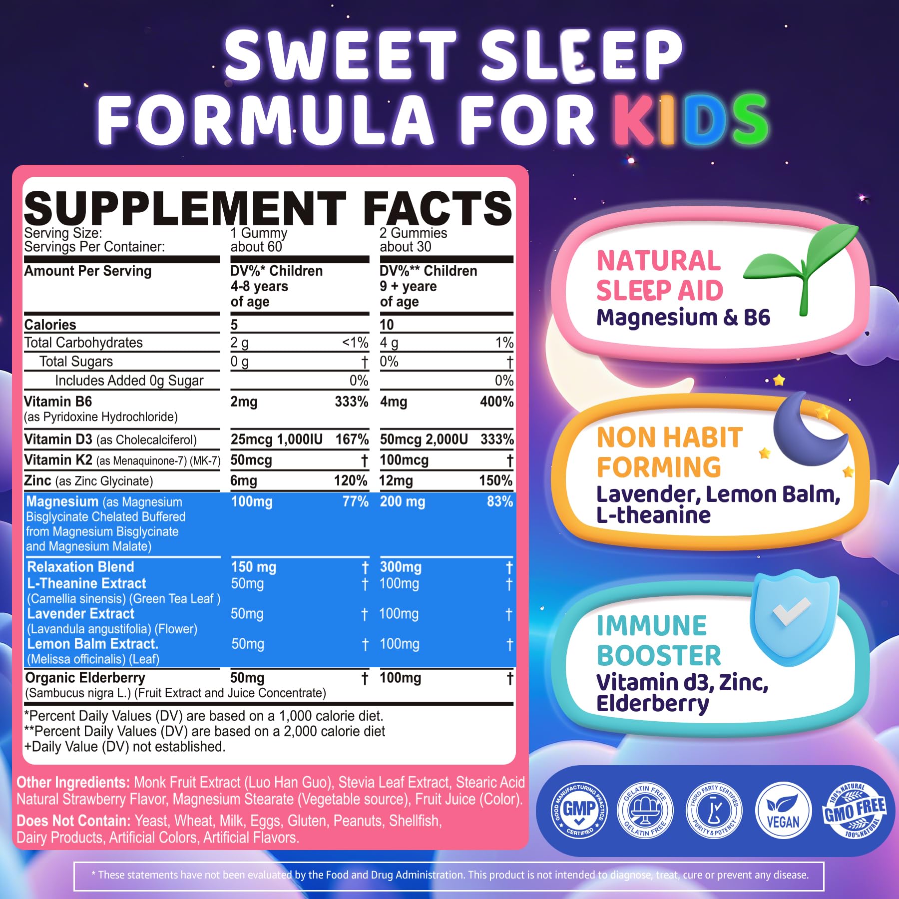 Kids Sleep Gummies, NO Melatonin Sleep Aid Gummies w/ Magnesium Glycinate, Magnesium Malate, L-Theanine, Lavender, B6, Zinc, D3K2 for Restful Sleep, Relax Brain & Muscle, Immune Support, Non-GMO 1Pack ELLAMENTZBuy Supplements Australia