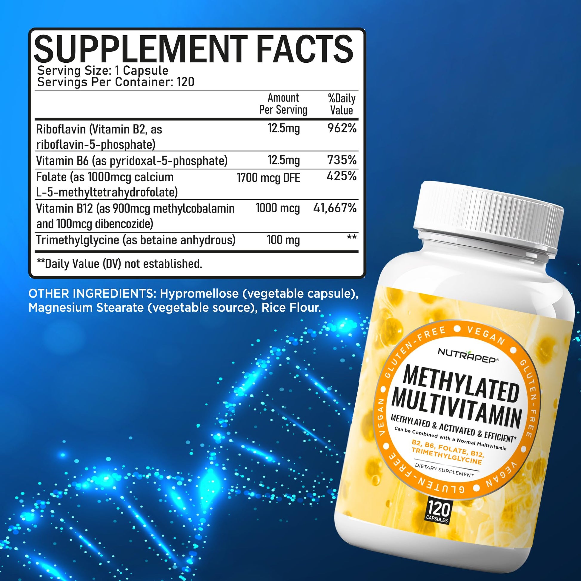 NutraPep Methylated Multivitamin for Men Women - 5-MTHF Riboflavin Vitamin B2 B6 B12 B Complex Trimethylglycine Methyl Folate L Methylfolate Capsules Supplement NutraPepBuy Supplements Australia