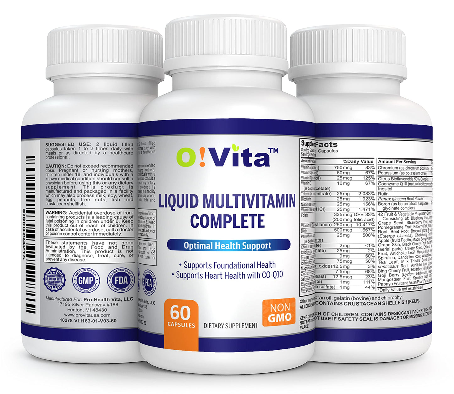 O!VITA Liquid Multivitamin Complete, with a Full Spectrum of Vitamins and Minerals, Plus 42 Fruits and Vegetable Proprietary Blend, Easy Absorption (60 Vegan Liquid Filled Capsules) O!VITABuy Supplements Australia