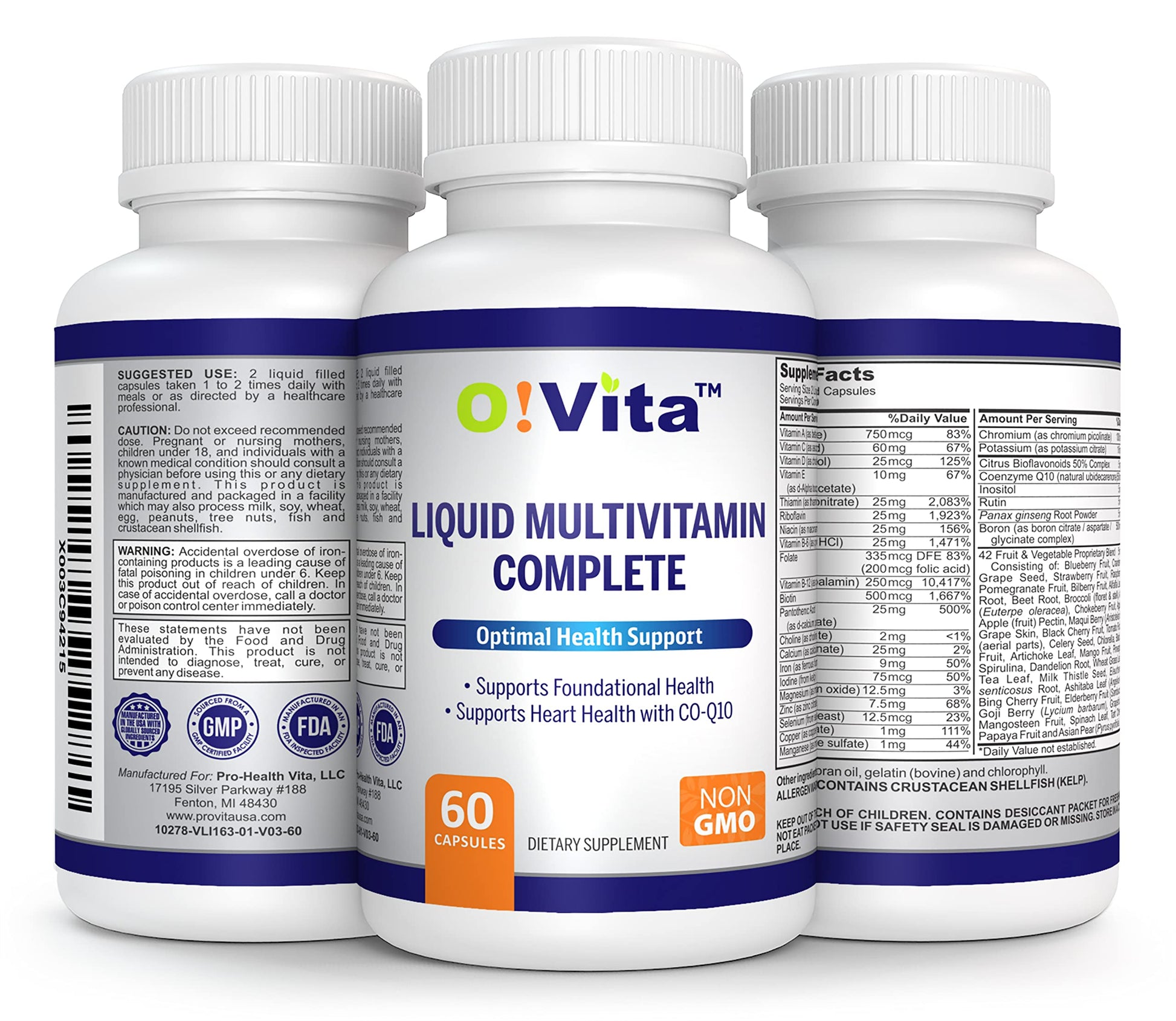 O!VITA Liquid Multivitamin Complete, with a Full Spectrum of Vitamins and Minerals, Plus 42 Fruits and Vegetable Proprietary Blend, Easy Absorption (60 Vegan Liquid Filled Capsules) O!VITABuy Supplements Australia