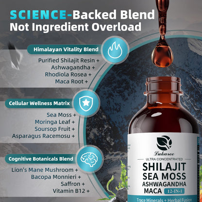 Shilajit Liquid Drops, 12-in-1 Complex - Sea Moss, Ashwagandha, Maca, Fulvic Acid, Trace Minerals, Liquid Vitamins Supplement for Men and Women, Energy, Antioxidant, Immune Support, 60ML/2 FL Oz LukareeBuy Supplements Australia