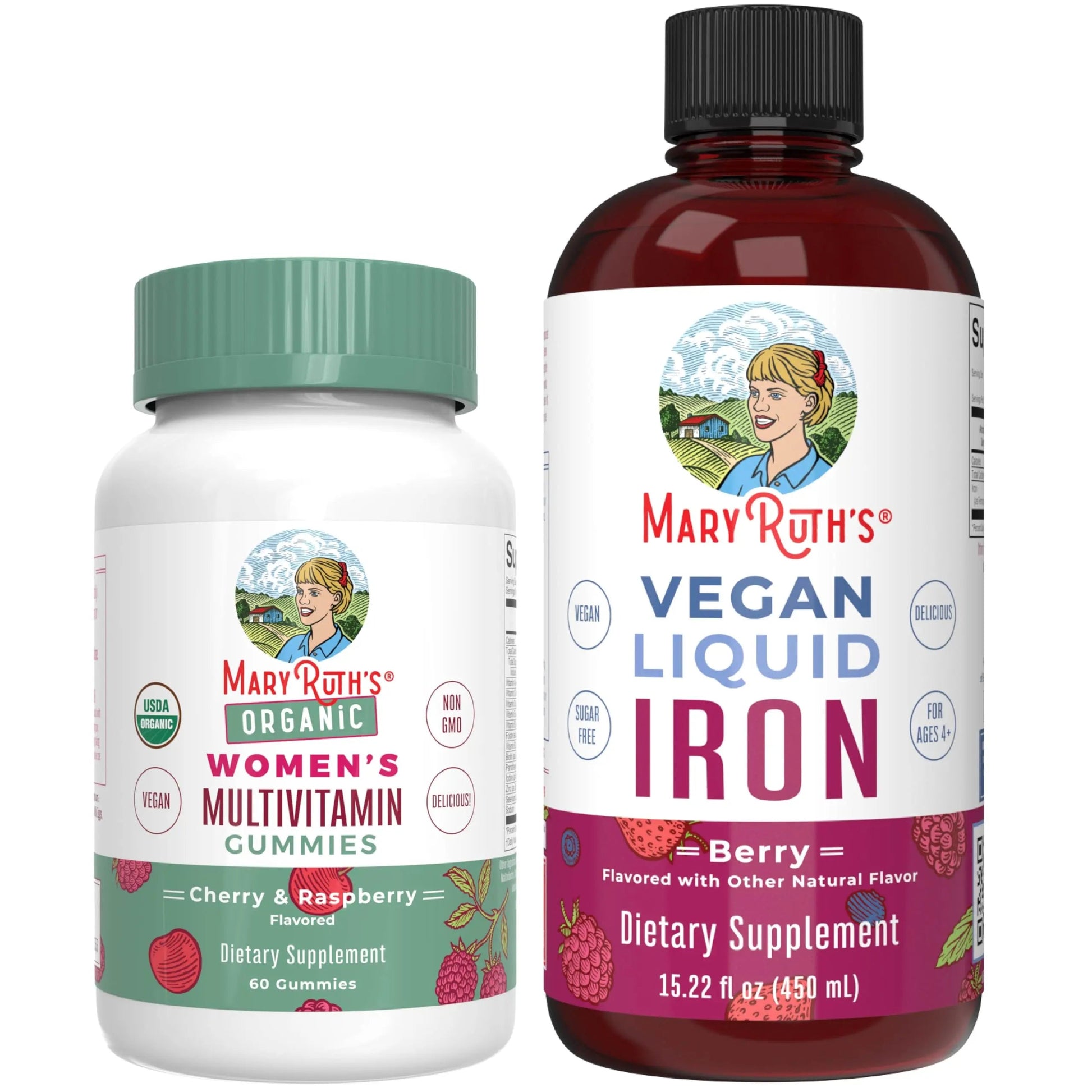 MaryRuth's Multivitamin Gummies for Women (Cherry & Raspberry) & Iron Liquid Supplement (Berry) | Clean Label Project Verified MARYRUTH'S