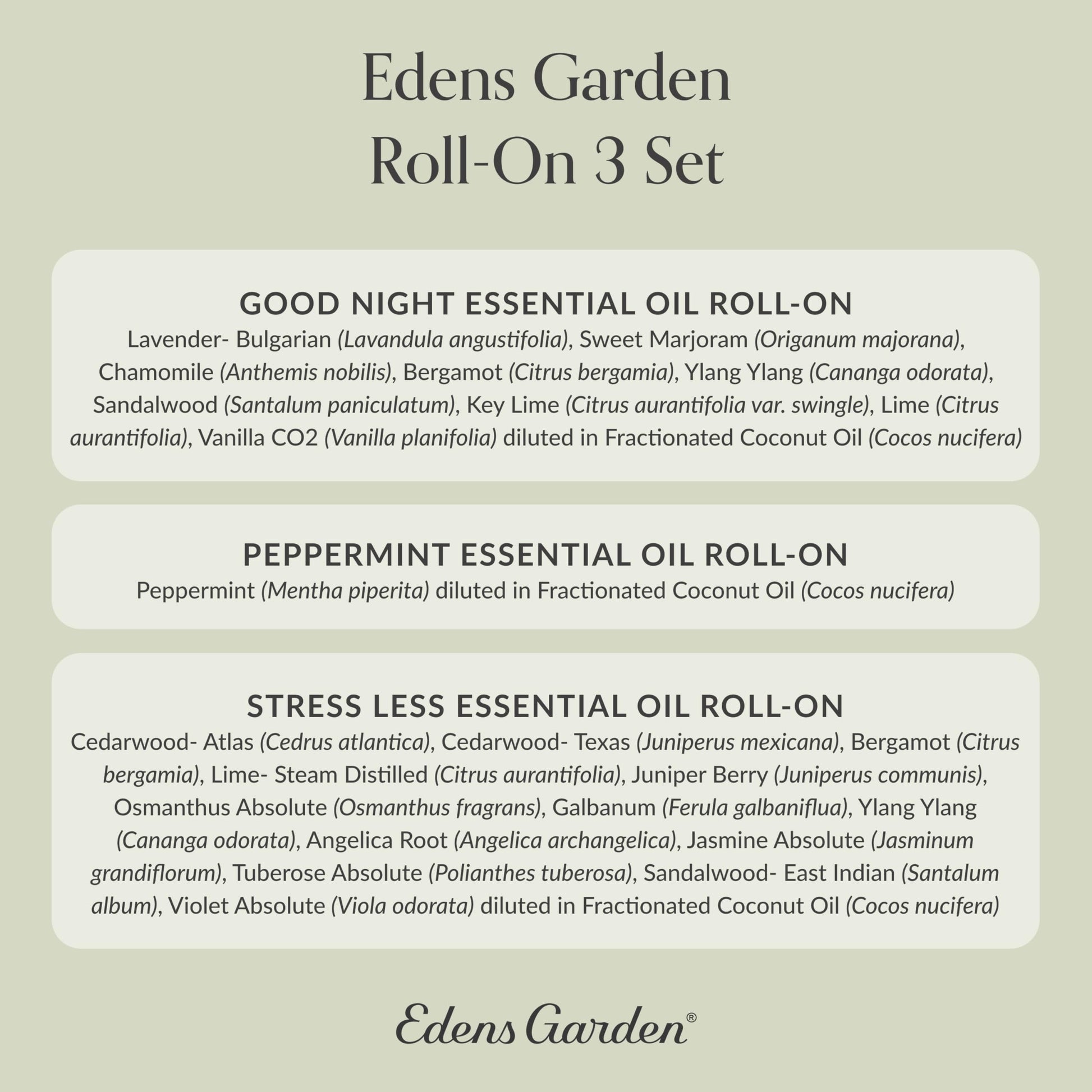 Edens Garden Essential Oil Roll-On Set (Good Night, Peppermint, Stress Less)- Aromatherapy Roller Edens GardenBuy Supplements Australia