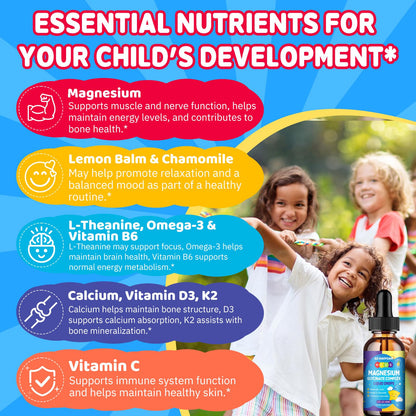 Kids Magnesium Glycinate Liquid Drops‌ – with L-Theanine, Omega-3, Vitamins B6 & D3, Zinc & Calcium – for Sleep Support, Relaxation, Focus & Brain, Bones – Strawberry Flavor, 2 Fl Oz GZ HAOYUANBuy Supplements Australia