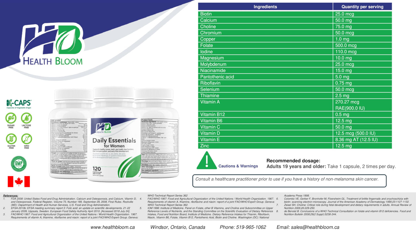 Daily Essentials for Women| 120 Capsules | Health Bloom | Vitamins and Minerals Capsules | Health Bloom Inc.Buy Supplements Australia