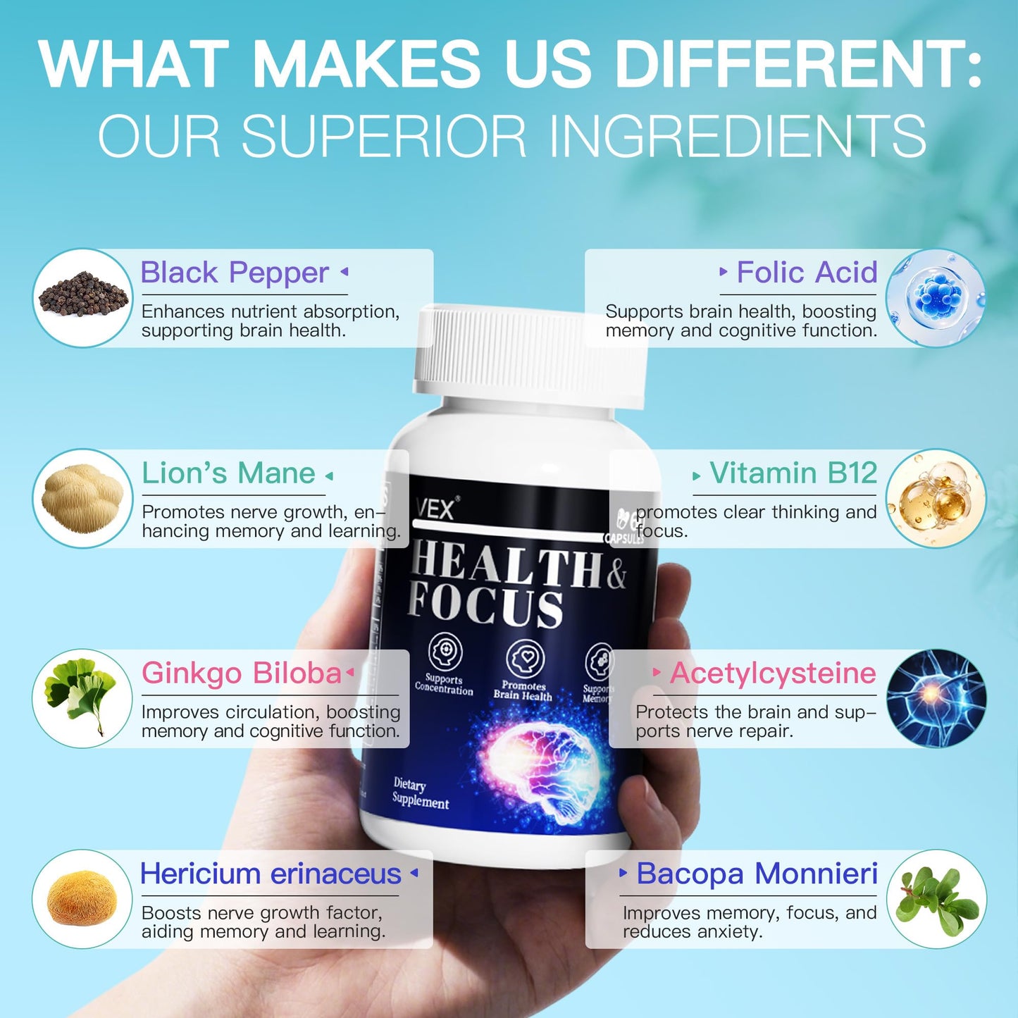 VEX Supplement – Memory & Clarity Support with Folic Acid, Vitamin B, Acetylcysteine, Bacopa Monnieri, Lion’s Mane, Ginkgo Biloba & Black Pepper – Cognitive, 60 Capsules VEXBuy Supplements Australia