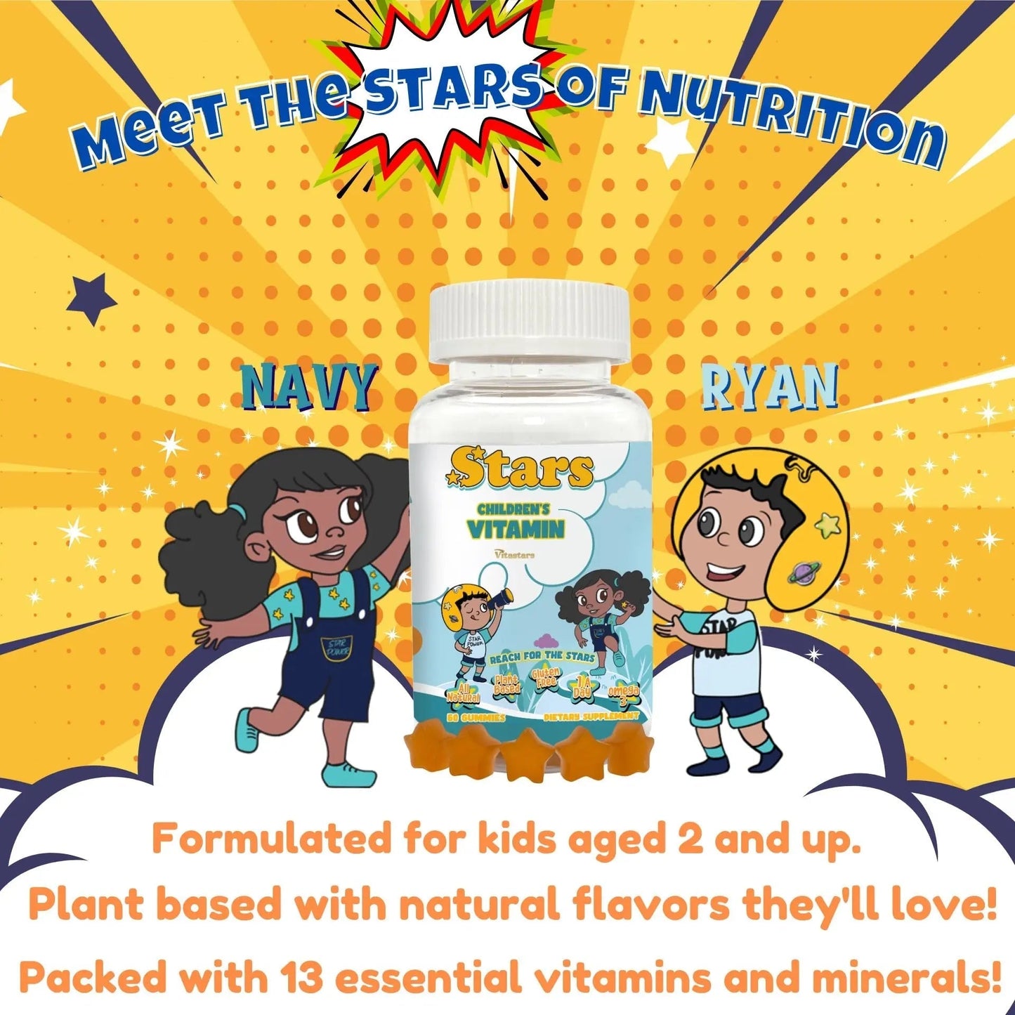 Stars Kids Multivitamin Gummies with Omega 3, Vitamins for Kids with A, B, C, D, Plant Based Multi Vitamins for Children, Manganese Vitastars