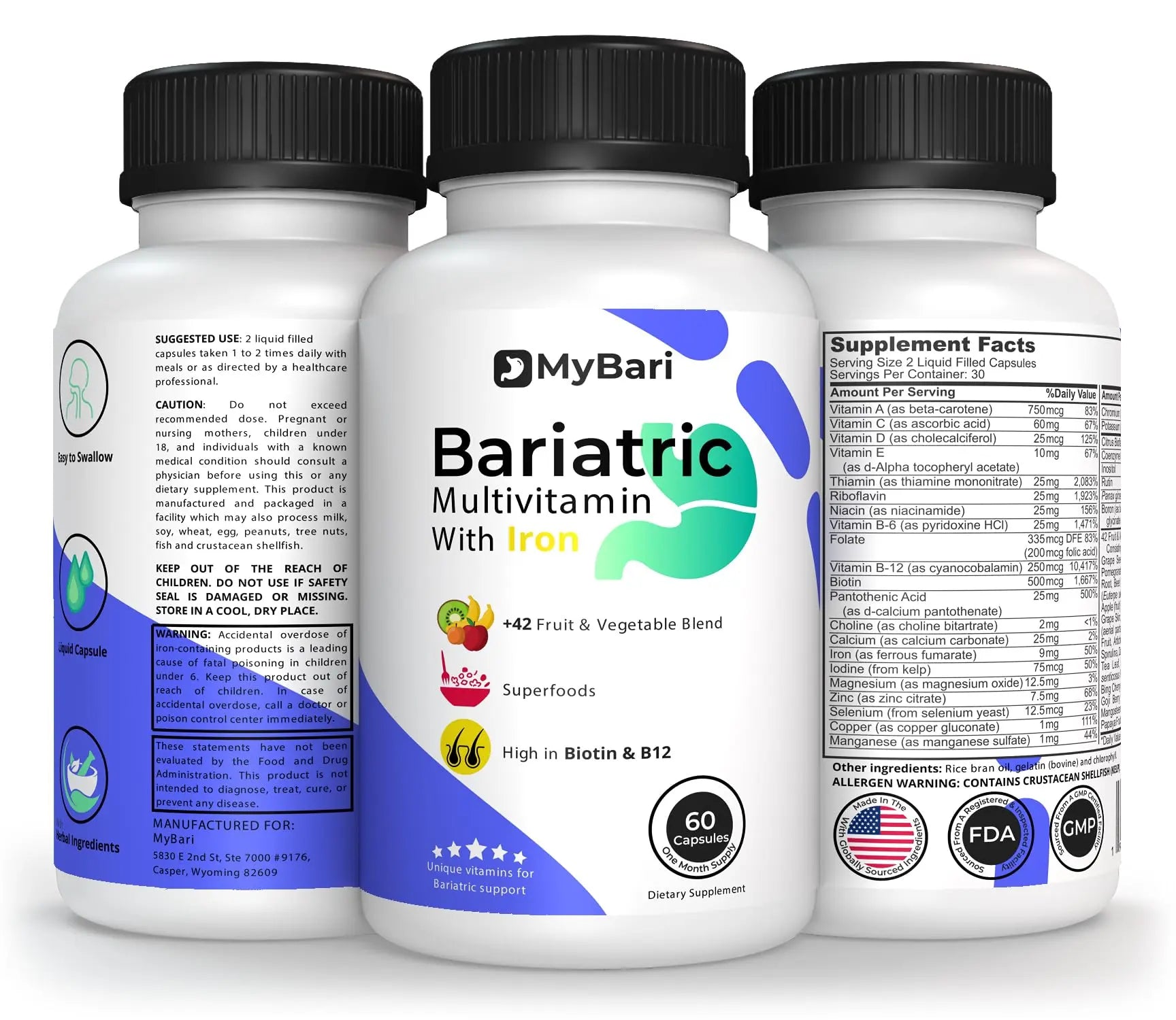 MyBari All-in-One Bariatric Multivitamin with Iron - Made in USA - for Men & Women - Supports Gastric Sleeve & Bypass with 42+ Fruit & Veggie Blend - 60 Liquid Capsules MyBariBuy Supplements Australia