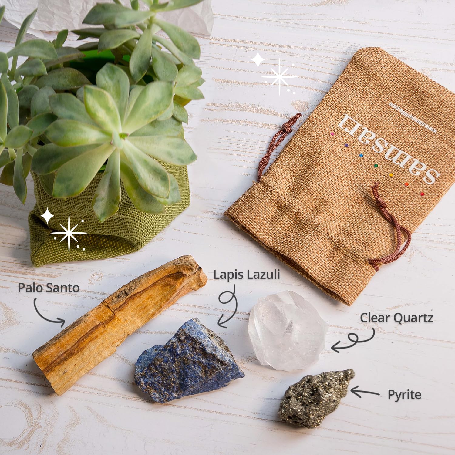 5PCS SAMSARI Abundance XL Crystals Healing Set - (Pyrite, Lapis Lazuli, Clear Quartz), 1 Palo Santo Stick SAMSARIBuy Supplements Australia