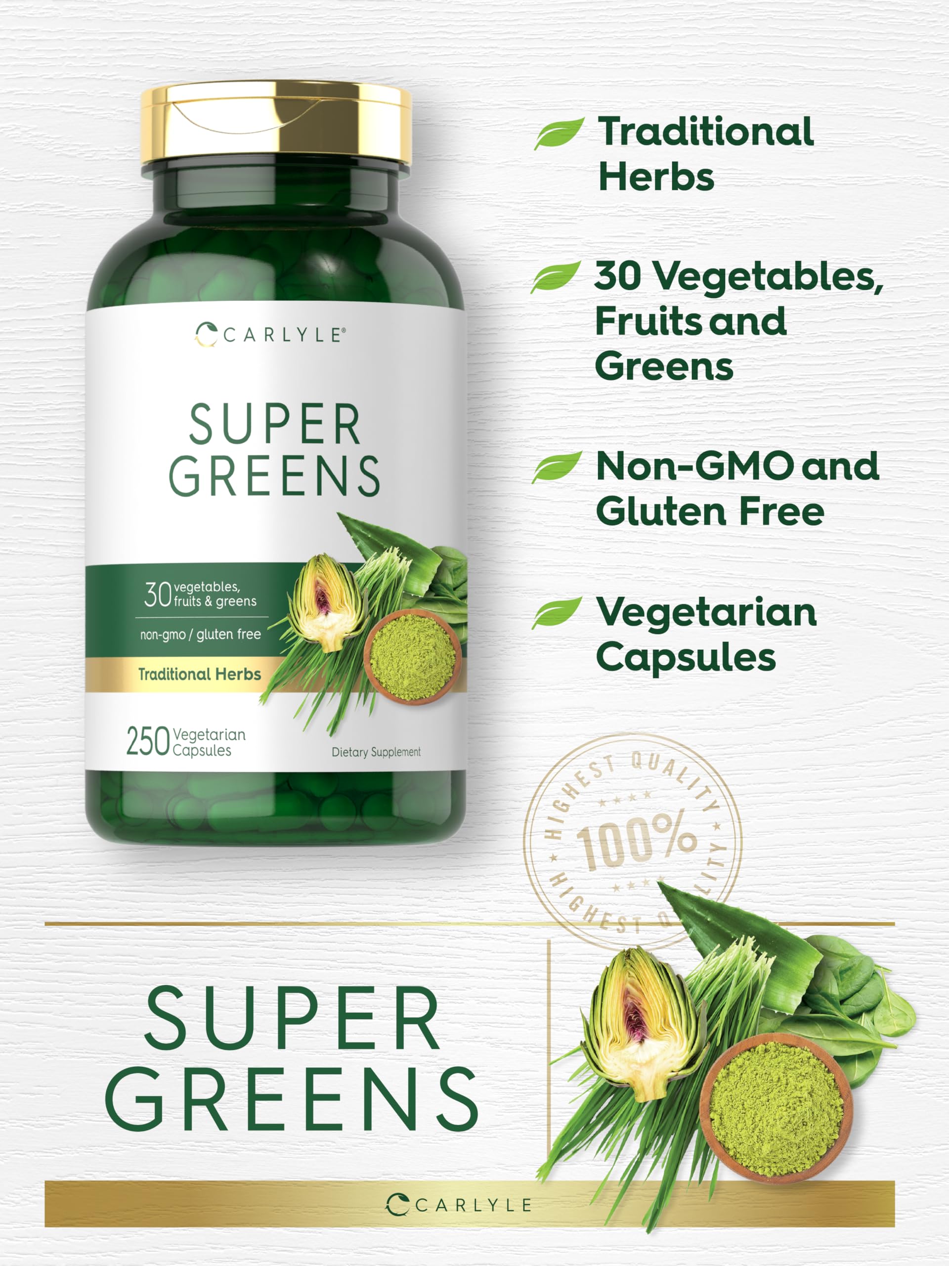 Carlyle Super Greens Capsules | 250 Count | Blend of 13 Vegetables and Greens Plus 17 Fruits | Non-GMO & Gluten Free Supplement CarlyleBuy Supplements Australia