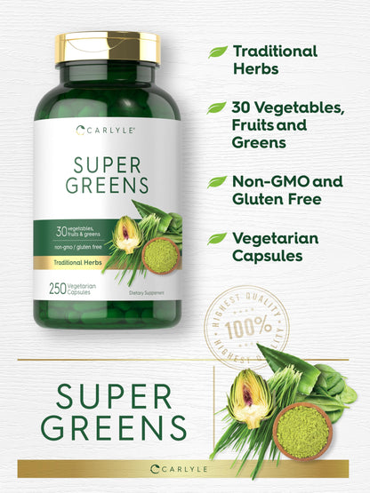 Carlyle Super Greens Capsules | 250 Count | Blend of 13 Vegetables and Greens Plus 17 Fruits | Non-GMO & Gluten Free Supplement CarlyleBuy Supplements Australia