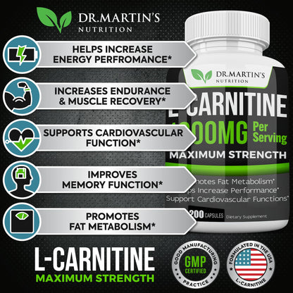 DR. MARTIN'S NUTRITION Extra Strength L-Carnitine - 200 Capsules - 1000mg Per Serving - Boost Your Metabolism and Increase Performance
