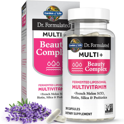 Garden of Life Dr Formulated Multi+ Beauty Complex Fermented Liposomal Multivitamin Plus Hair Skin and Nails Vitamins, French Melon SOD Garden of Life
