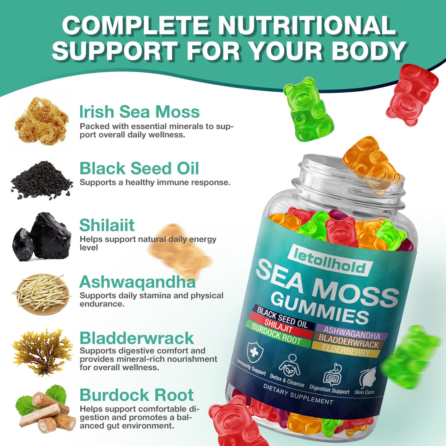 Sea Moss Gummies - Irish Sea Moss Gummies Advanced for Adults with Ashwagandha Bladderwrack & Burdock Root for Supports Immune，Energy - 60 Vegan Gummy,2PCS letollholdBuy Supplements Australia