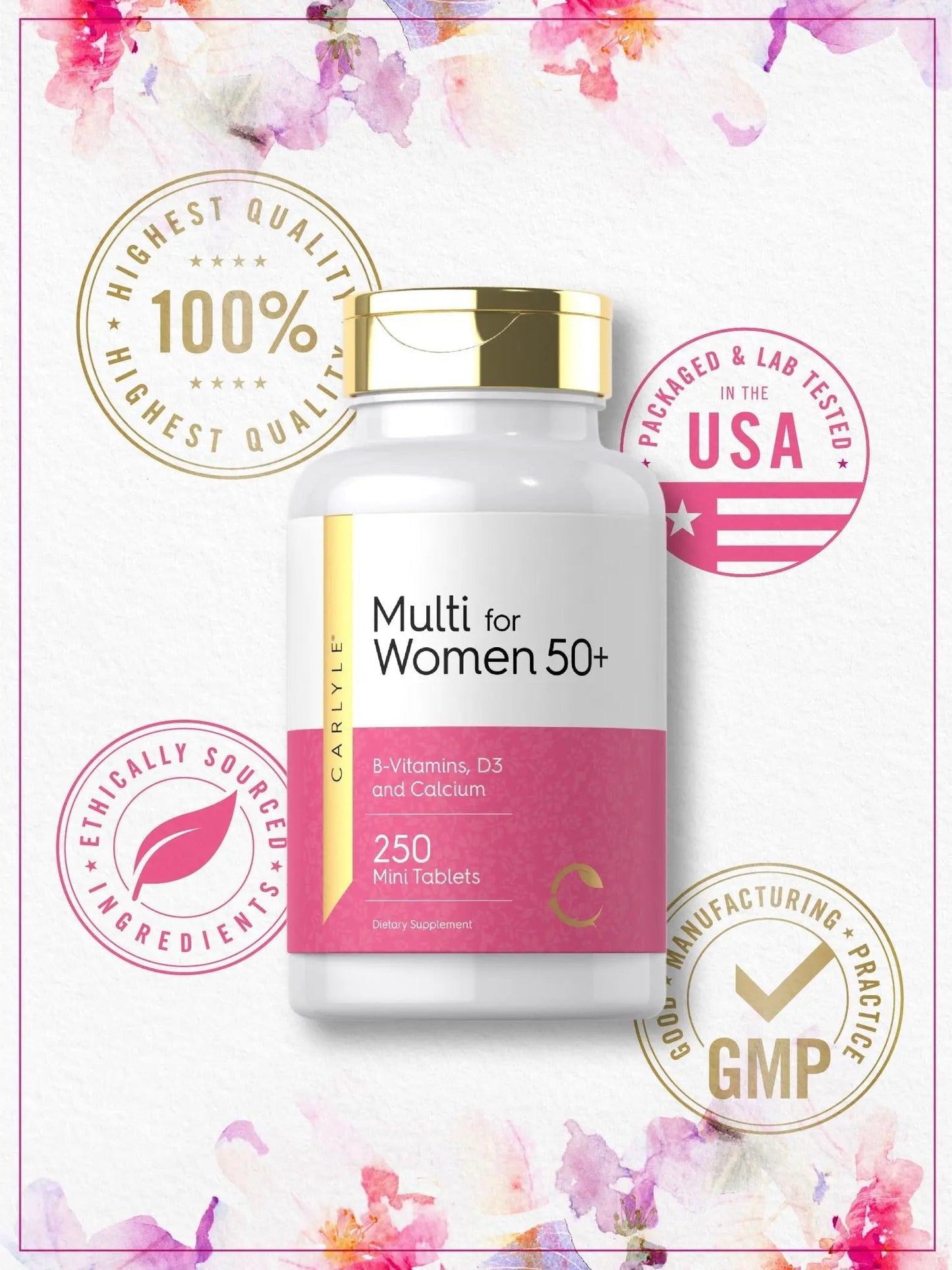 Carlyle Multivitamin for Women 50 Plus | 250 Mini Tablets | Iron Free Supplement | Vitamins A, B12, C, D3, Folate (as Folic Acid) and Calcium | Carlyle