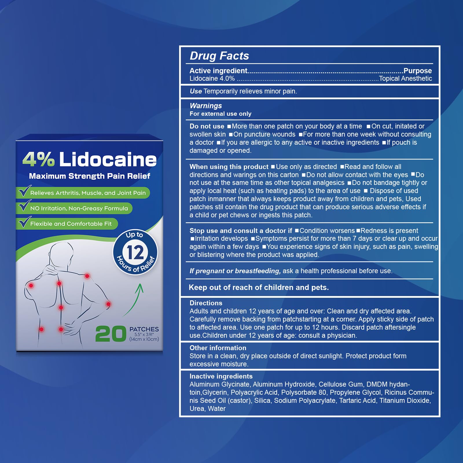 Uposiut 4% Lidocaine Patches - 20 Count Maximum Strength Lidocaine Patches, 10 Packs of 2 Patches for Muscle Pain Relief in The Neck, Shoulders, Back, Knees, and Anks, 12 Hour Pain Relief-012345 UposiutBuy Supplements Australia