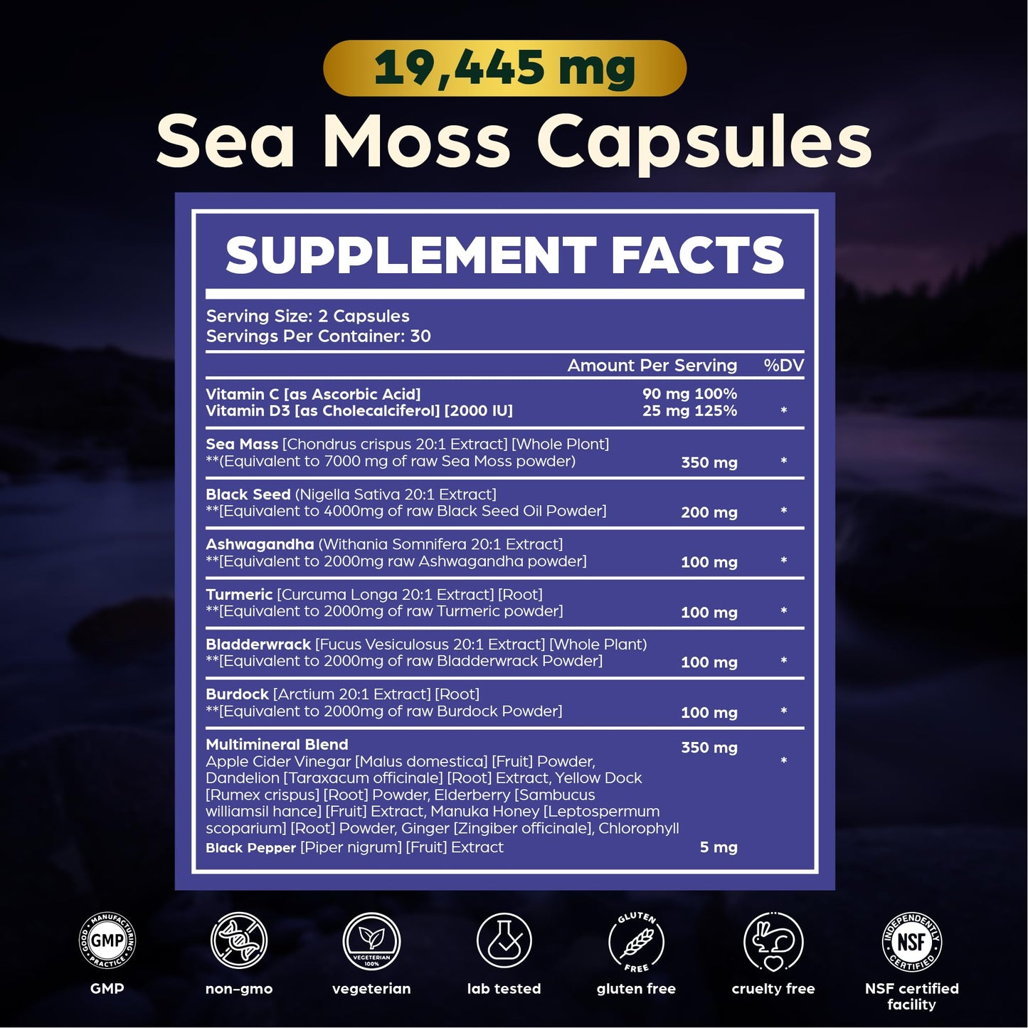 Anuva 16-in-1 Sea Moss Capsules | Black Seed Oil, Ashwagandha, with Vitamin C, D3, Turmeric, Burdock, Bladderwrack & Multi-Minerals | Immune, Skin, Joint & Energy Support | 60 Veggie Capsules AnuvaBuy Supplements Australia