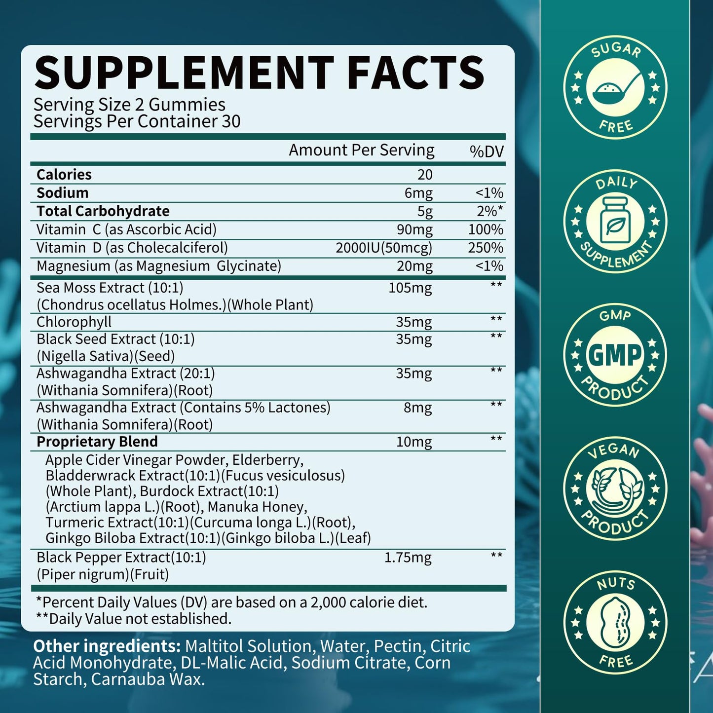 Sea Moss Gummies with Ashwagandha & Chlorophyll, Immune, Digestive and Gut Detox Support, Powered by Black Seed Oil, Vitamin C, Vitamin D & Magnesium, GMO, Vegan, Apple Flavor, 60 SeaMoss Gummies B BEWORTHSBuy Supplements Australia