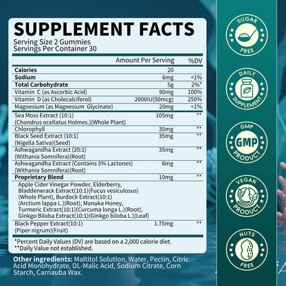 Sea Moss Gummies with Ashwagandha & Chlorophyll, Immune, Digestive and Gut Detox Support, Powered by Black Seed Oil, Vitamin C, Vitamin D & Magnesium, GMO, Vegan, Apple Flavor, 60 SeaMoss Gummies B BEWORTHSBuy Supplements Australia
