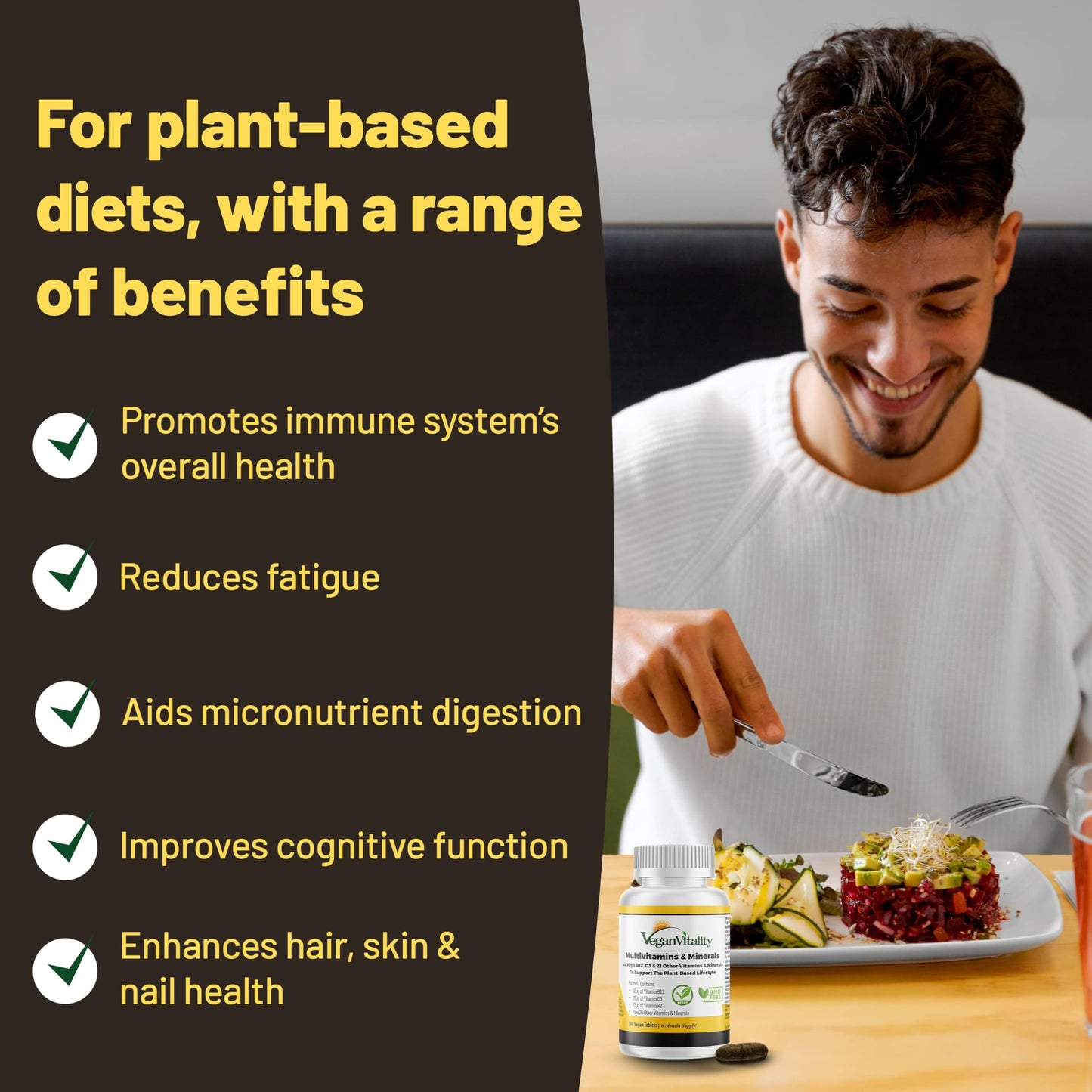 Vegan Vitality Multivitamins & Minerals for Women and Men with High Strength Vitamin B12, D3 & K2. 180 Vegan Multivitamin Tablets - 6 Months Supply Vegan VitalityBuy Supplements Australia