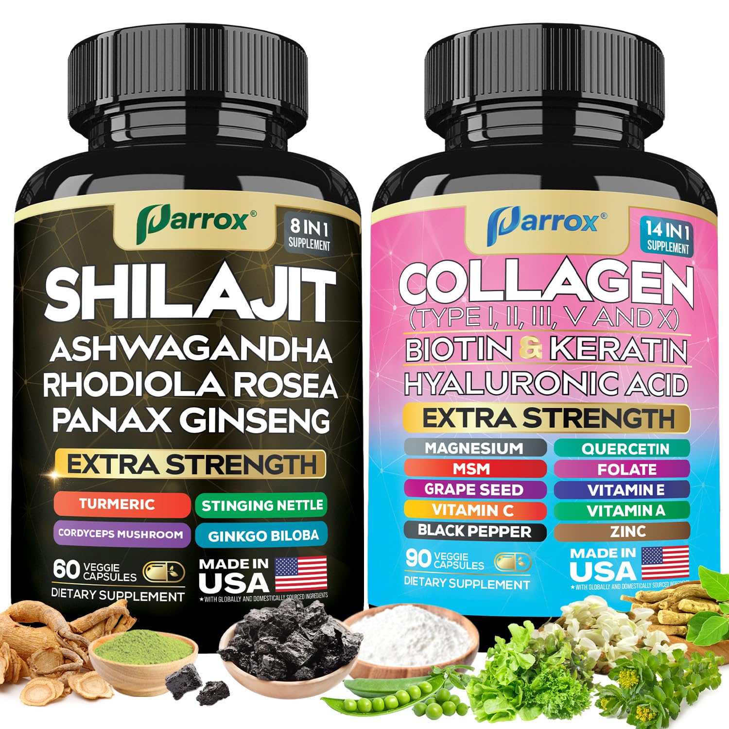 Parrox Adaptogen & Beauty Bundle – Rhodiola, Panax Ginseng, Ashwagandha, Cordyceps, Turmeric, Collagen, Biotin, Keratin, MSM, Hyaluronic Acid, Zinc, Quercetin, Vitamin C, A & E, Folate, Magnesium ParroxBuy Supplements Australia