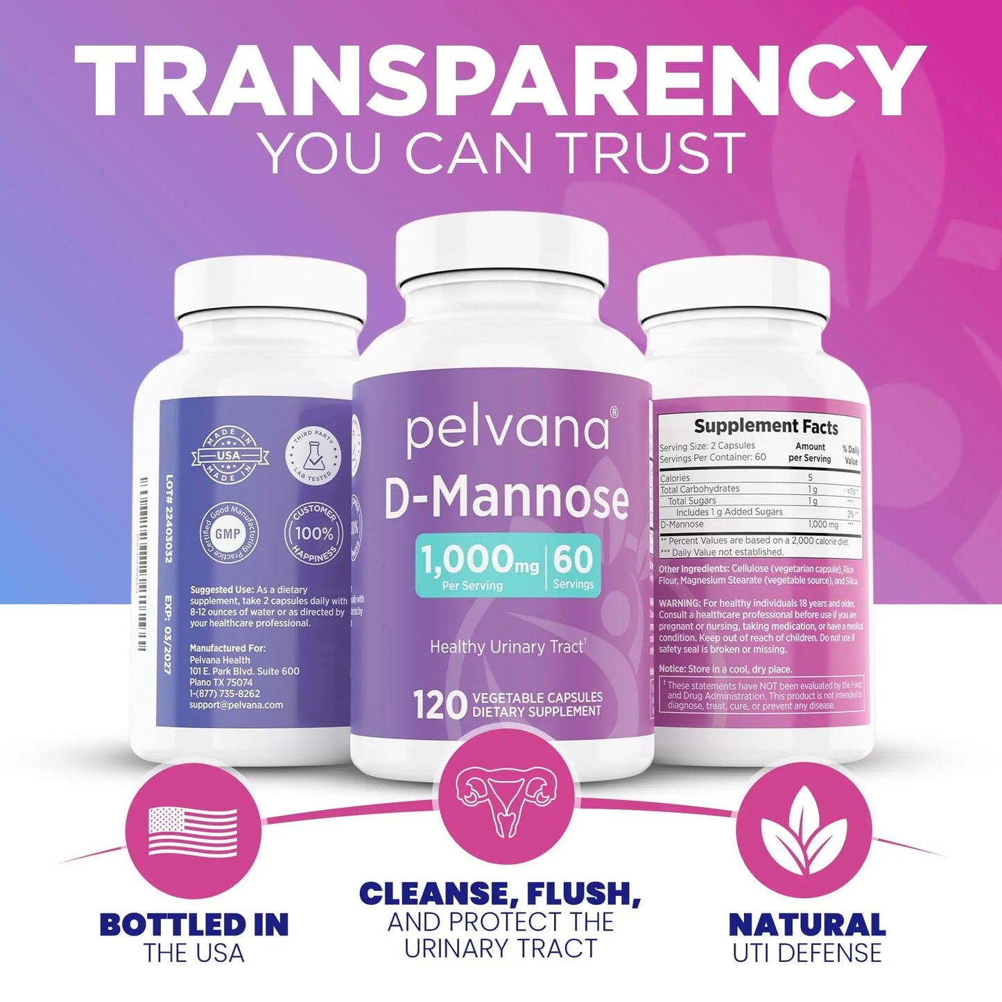 Pelvana D-Mannose 120 Capsules (500mg Each) – 1000mg per Serving – Assists & Maintains Healthy Urinary Tract, Flushes Impurities, Pure Ingredients, Gluten-Free – Third-Party Lab Tested, Made in USA PelvanaBuy Supplements Australia