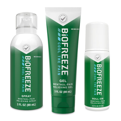 Biofreeze Spray, Gel, & Roll-On Pain Relief Variety Pack, Muscle Pain Relief, Arthritis Pain Reliver, Neck Pain Relief, Cooling Menthol Joint Pain Relief, 3 Fl Oz Spray, 3 Fl Oz Gel, 2.5 Fl Oz Roll On BiofreezeBuy Supplements Australia