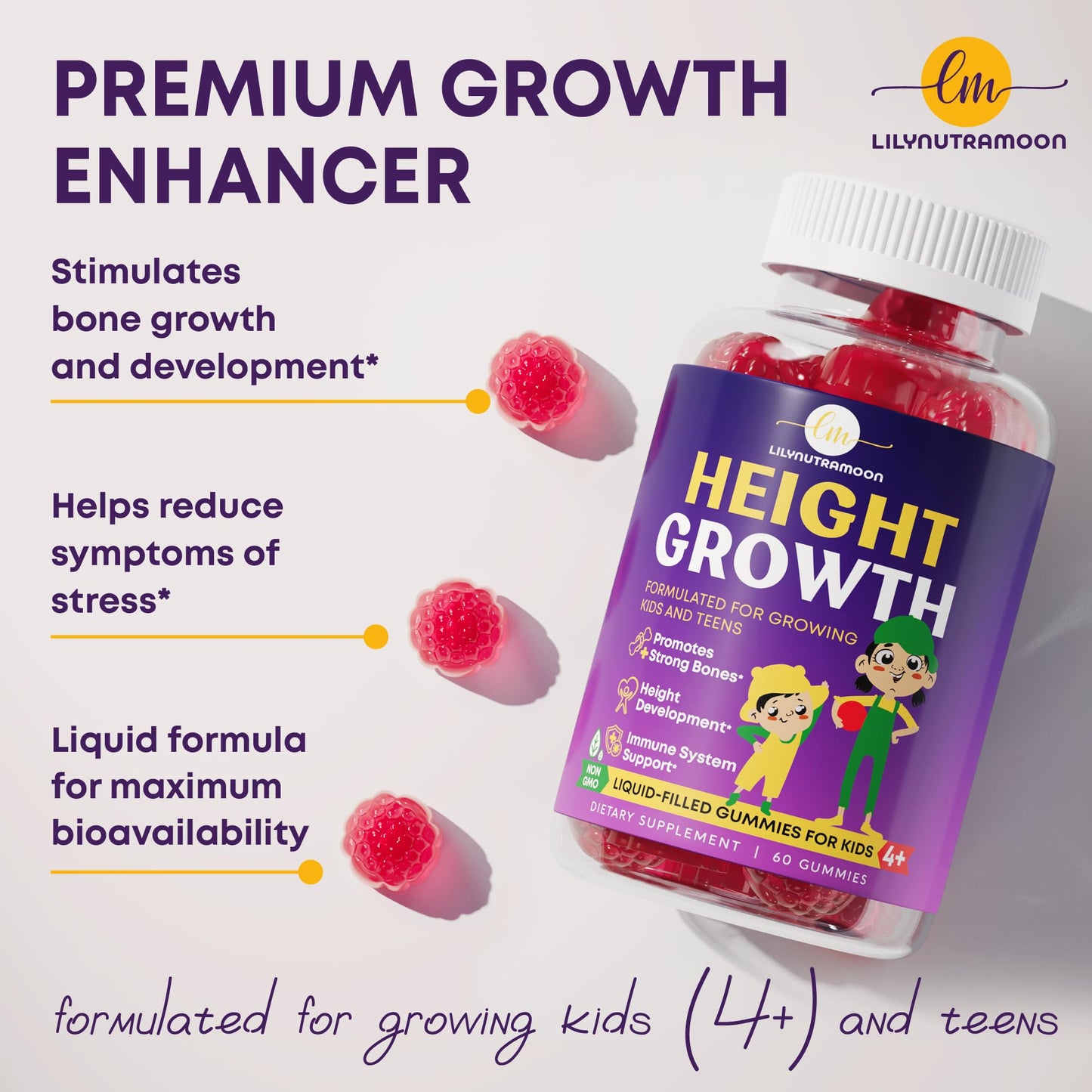 Height Growth Gummies for Kids & Teens - Calcium, Vitamin D3 + K2, Zinc, Magnesium, L-Arginine, Vitamin C - Multivitamin for Teen Boys & Girls - Grow Taller Supplement for Kids Height - 60 Gummies