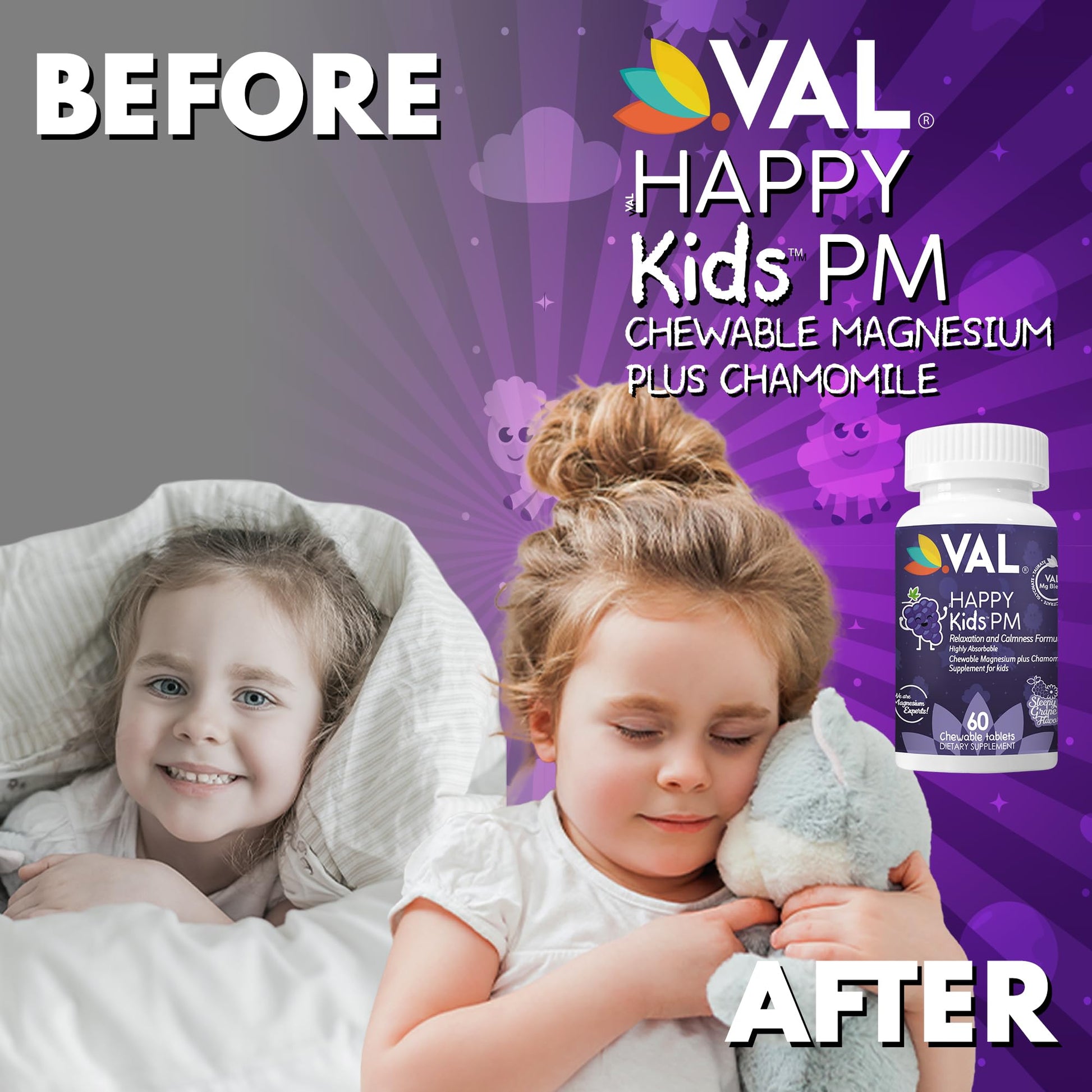 VAL Kids PM Magnesium Gummies | Sugar-Free Chewable Tablets with Chamomile, Magnesium Glycinate + Citrate + Taurate | Vitamin B6 & C | Natural Grape Flavor | Sleep & Calm Support | 60 Ct | Ages 4+ VALBuy Supplements Australia
