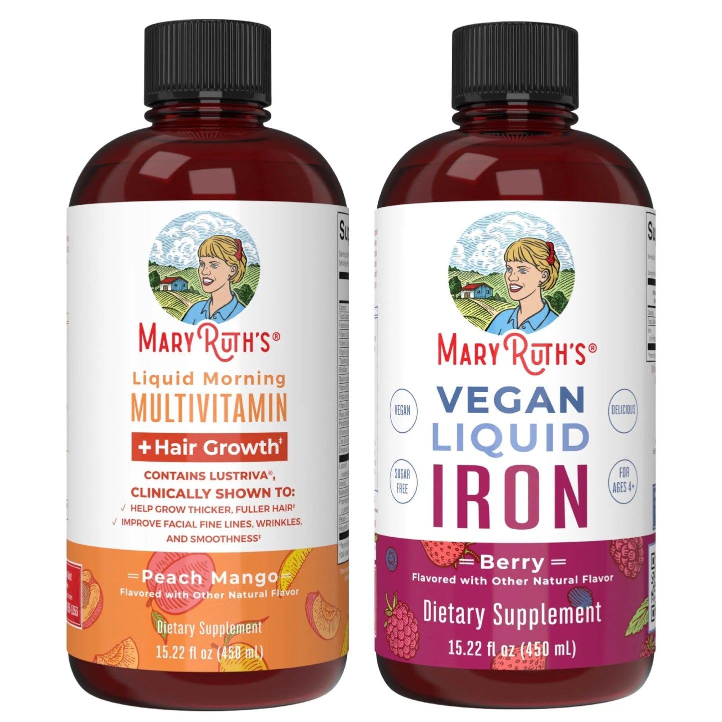 MaryRuth's MaryRuth's Liquid Morning Multivitamin +Hair Growth (Peach Mango, 15.22oz) & Iron Liquid (Berry) | Clean Label Project Verified® | MARYRUTH'SBuy Supplements Australia