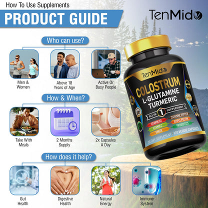 Tenmido Colostrum Supplement - 10in1 Formula - Combine with L- Glutamine, Turmeric, Cayenne Pepper, Apple Pectin, Probiotics, Ginger, and More - Digestive Health, Immune Support - 120 Capsules TenmidoBuy Supplements Australia