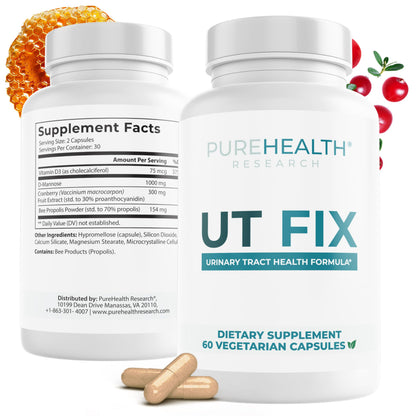 PUREHEALTH RESEARCH UT Fix - Urinary Tract Health Formula - Urinary Tract Support for Women & Men - Cranberry Supplement with D Mannose 1000mg, Vitamin D3 & Bee Propolis - 60 Capsules PUREHEALTH RESEARCHBuy Supplements Australia