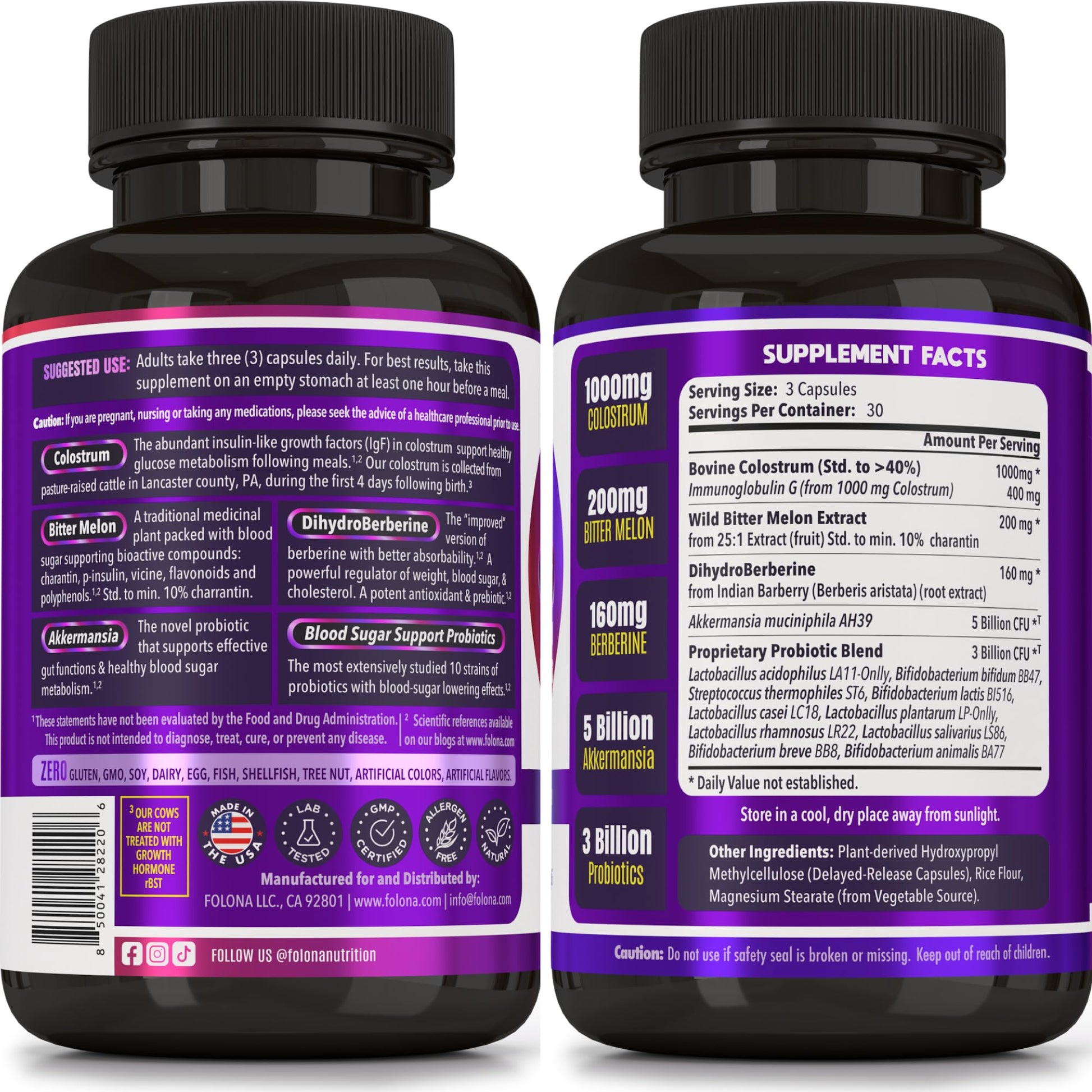 Blood Sugar Support Colostrum Supplement w/ Bitter Melon, Probiotics Blend w/ Akkermansia & Prebiotic Berberine | For Healthy Blood Glucose, Metabolism, Gut & Immunity | 90 Delayed Release Vegan Caps FOLONABuy Supplements Australia