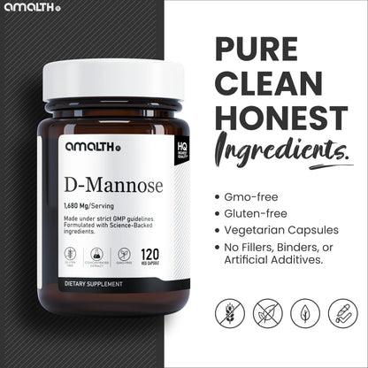 AMALTH D-Mannose Capsules 1680 mg per Serving, 120 Vegan Capsules, Pure Single Ingredient Mannose Supplement, Urinary Tract Support, UTI Wellness Support, Non GMO, Gluten Free AMALTHBuy Supplements Australia