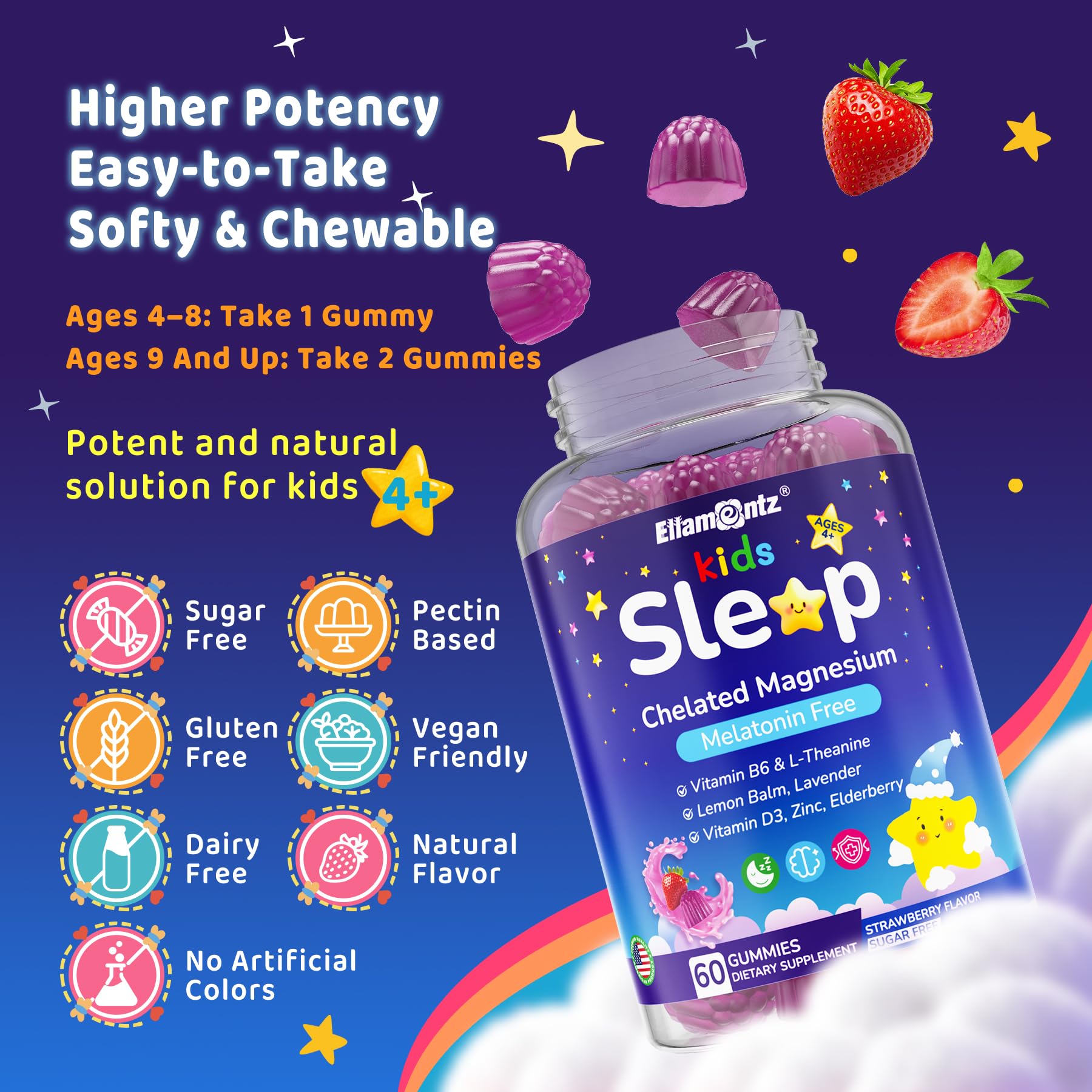 Kids Sleep Gummies, NO Melatonin Sleep Aid Gummies w/ Magnesium Glycinate, Magnesium Malate, L-Theanine, Lavender, B6, Zinc, D3K2 for Restful Sleep, Relax Brain & Muscle, Immune Support, Non-GMO 1Pack ELLAMENTZBuy Supplements Australia