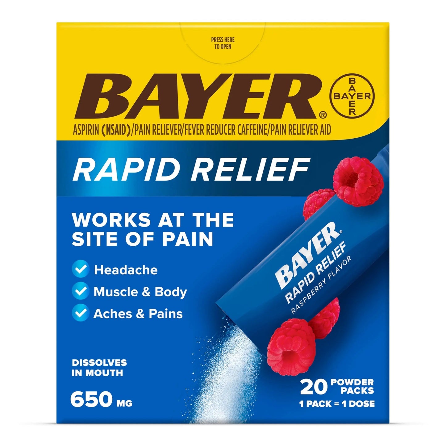 Bayer® Rapid Relief, Dissolvable Raspberry Flavor, Powder Packs with Aspirin & Caffeine, Fast Acting Headache Relief, Muscle and Body Pain Reliever, 20ct BayerBuy Supplements Australia