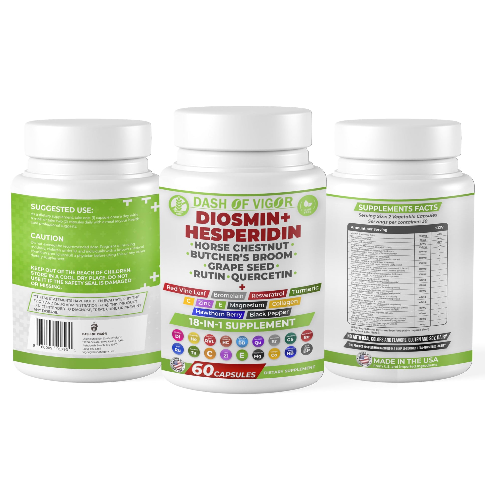 Dash of Vigor 18-in-1 Diosmin Hesperidin Supplement, Quercetin with Bromelain, Zinc, Vitamin C with Rutin Supplement, Horse Chestnut Extract, Butcher's Broom Extract, USA, 60 Capsules DASH OF VIGOR DOFVBuy Supplements Australia