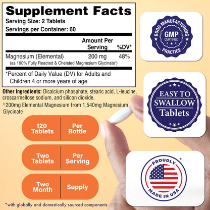 Magnesium Glycinate - Muscle, Nerves, Relaxation & Sleep Supplement | 200mg Elemental Magnesium Fully Reacted Chelated | Gentle on the Stomach | Non-GMO 120 Tablets | by Health Thru Nutrition Health Thru NutritionBuy Supplements Australia
