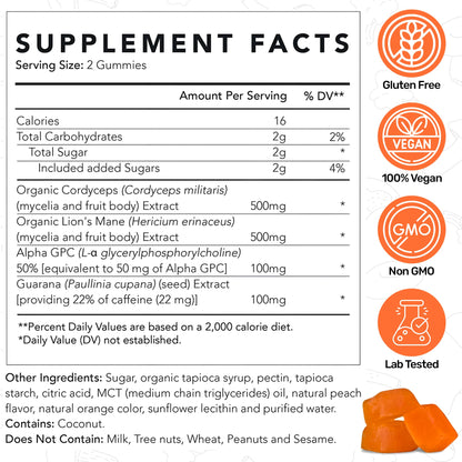 Life Cykel - AM Energy and Focus Mushroom Gummies, 10 Count - Organic Lion's Mane Gummies with Cordyceps, Guarana & Alpha GPC for Mental Clarity, Natural Energy, Endurance & Focus - Lemon Peach Flavor Life CykelBuy Supplements Australia
