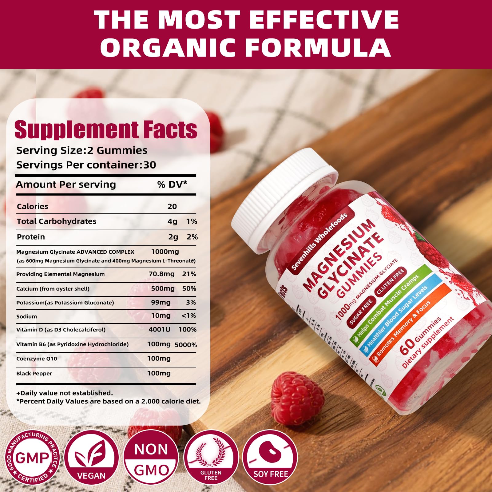 Magnesium Glycinate Gummies 1000mg - Sugar Free Magnesium Potassium Supplement for Relaxation, Calm, Stress Relief, and Sleep Support for Adults & Kids - 60 Raspberry Gummies Sevenhills WholefoodsBuy Supplements Australia