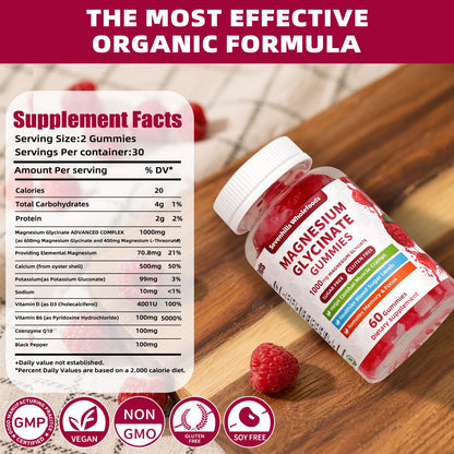 Magnesium Glycinate Gummies 1000mg - Sugar Free Magnesium Potassium Supplement for Relaxation, Calm, Stress Relief, and Sleep Support for Adults & Kids - 60 Raspberry Gummies Sevenhills WholefoodsBuy Supplements Australia