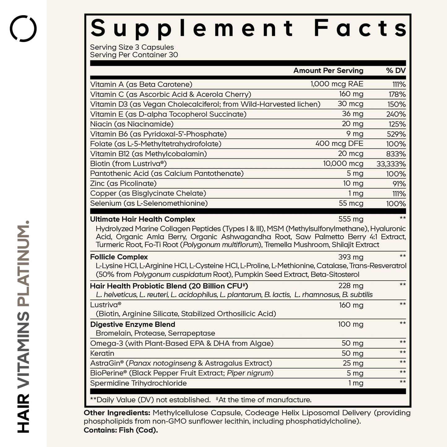 Codeage Hair Vitamins Platinum - Lustriva Hair Growth Support, Spermidine, AstraGin, Biotin, Keratin, Collagen, Enzymes, Omega-3, Multivitamins, Probiotics – Healthy Hair Supplement - 90 Capsules CodeageBuy Supplements Australia