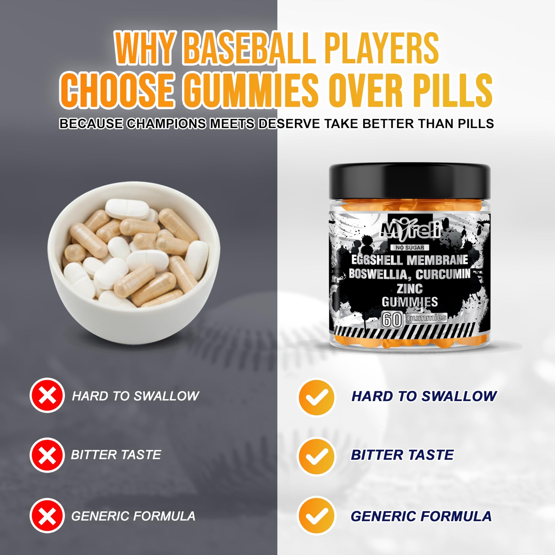 MYRELI Eggshell Membrane 400mg, Boswellia 300mg, Curcumin 250mg & Zinc 20mg Gummies - Baseball Athlete Joint Support, Flexibility, Recovery, Antioxidant, Energy, Endurance - Vegan, Non-GMO, 60 Gummies MYRELIBuy Supplements Australia
