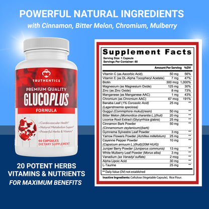 TRUTHENTICS GlucoPlus - 20 Herbs, Vitamins & Minerals with Cinnamon, Chromium, Vanadium, Bitter Melon, Alpha Lipoic Acid, Magnesium - Gluten Free, Non-GMO - 60 Capsules TRUTHENTICSBuy Supplements Australia