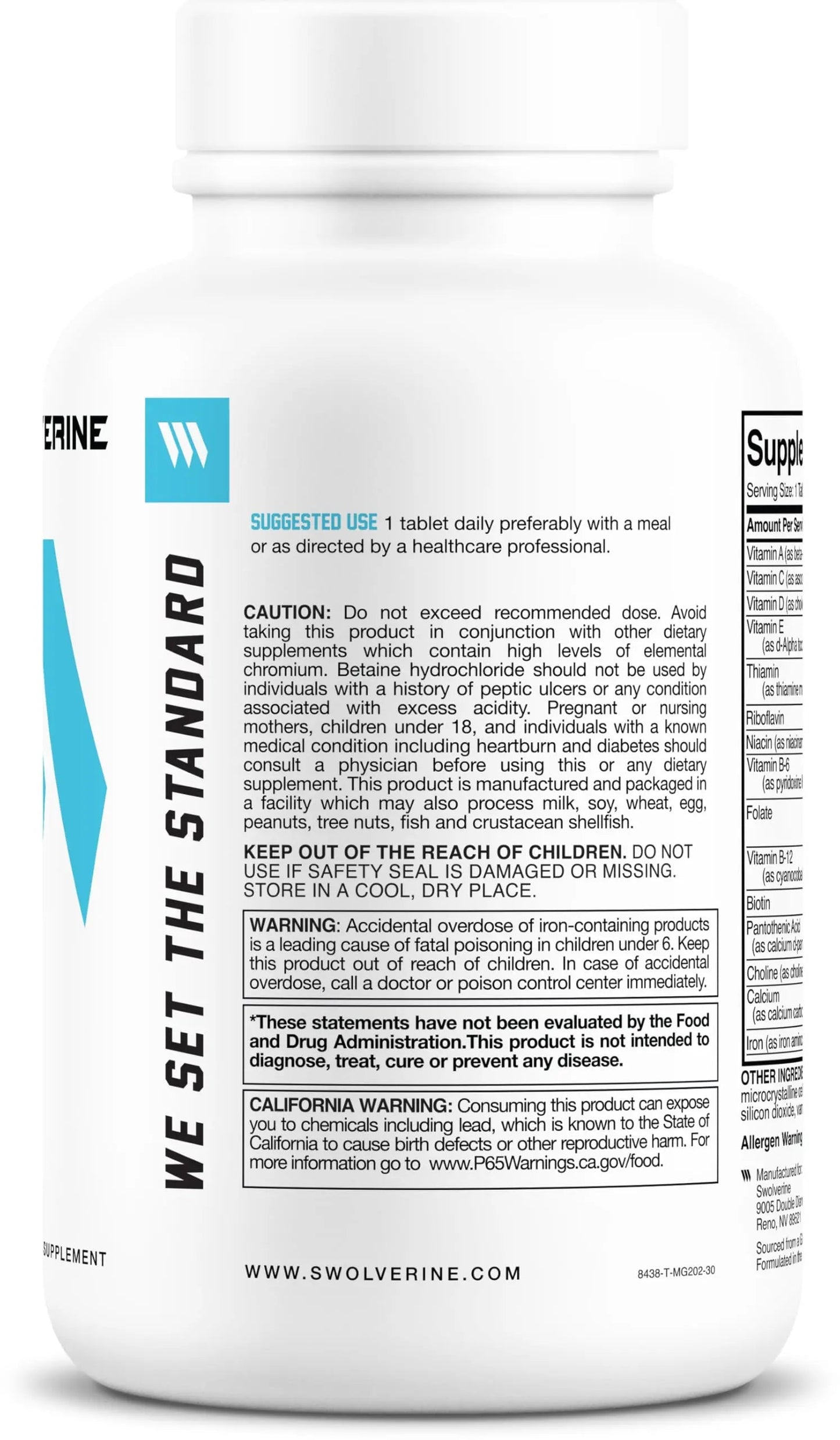 Swolverine Multivitamin | for Men & Women – High Potency Daily Vitamins with B-Complex, Antioxidants, Minerals, Inositol & PABA Swolverine