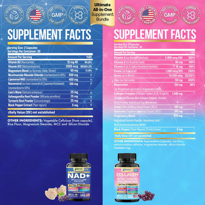 Parrox Forever Young Set with Liposomal NAD, Nicotinamide Riboside, Magnesium, Resveratrol, Lion's Mane, Collagen Peptides Types I, II, III, V and X, Biotin & Keratin, Hyaluronic Acid, Zinc, Quercetin ParroxBuy Supplements Australia