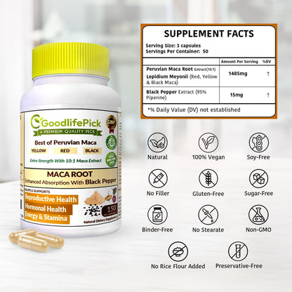 Peruvian Maca Root Capsules 150 ct. Powerful Maca Blend of Yellow Red & Black Maca Root with Black Pepper. All Natural NonGMO Vegan No Stearate No Rice Powder No Silica No Filler GoodlifePickBuy Supplements Australia