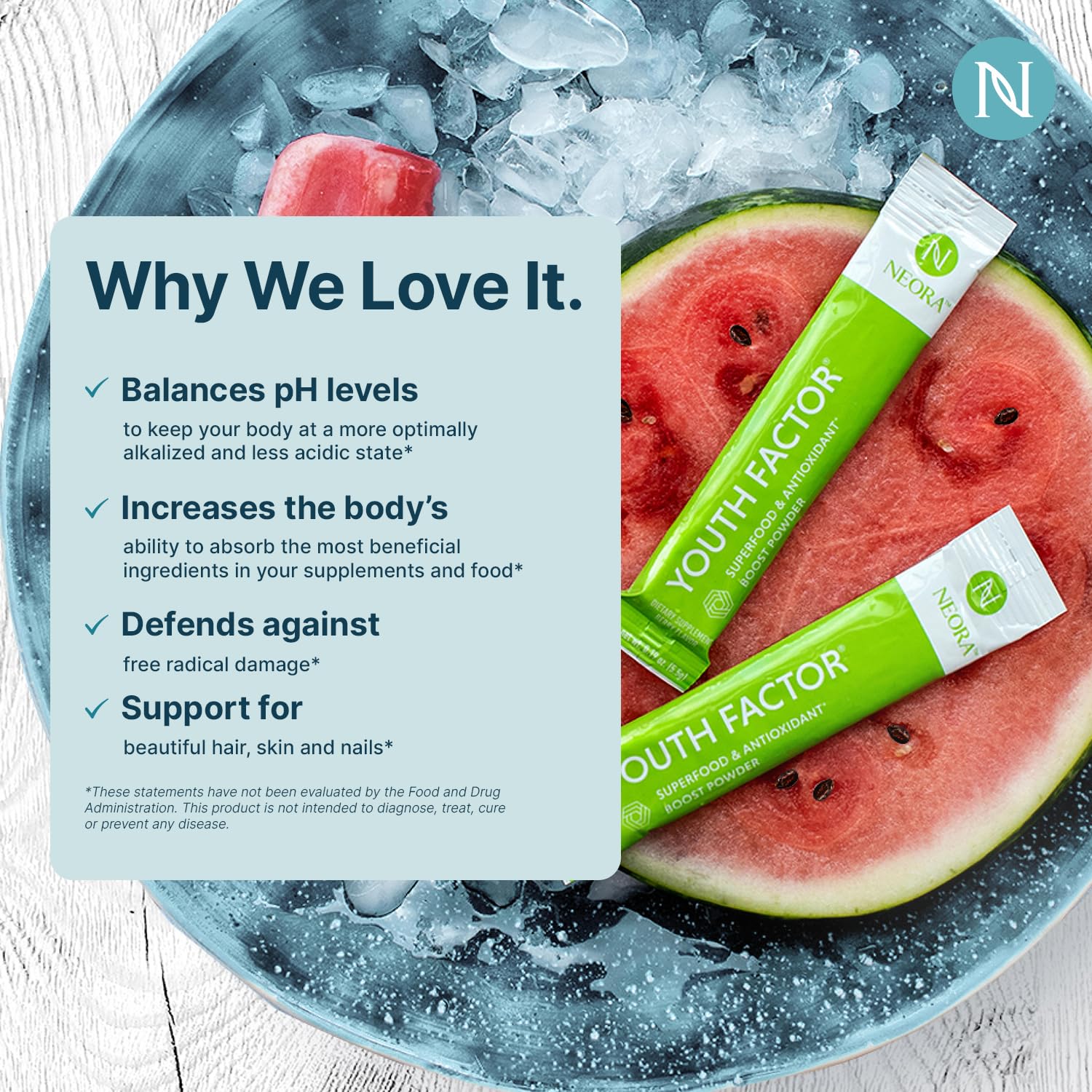 NEORA Youth Factor - Superfood Boost Powder - pH Balance, Hair Skin Nails Support, Fruits & Veggies Equivalent, Nutrient Absorption - 30 Packets NEORABuy Supplements Australia