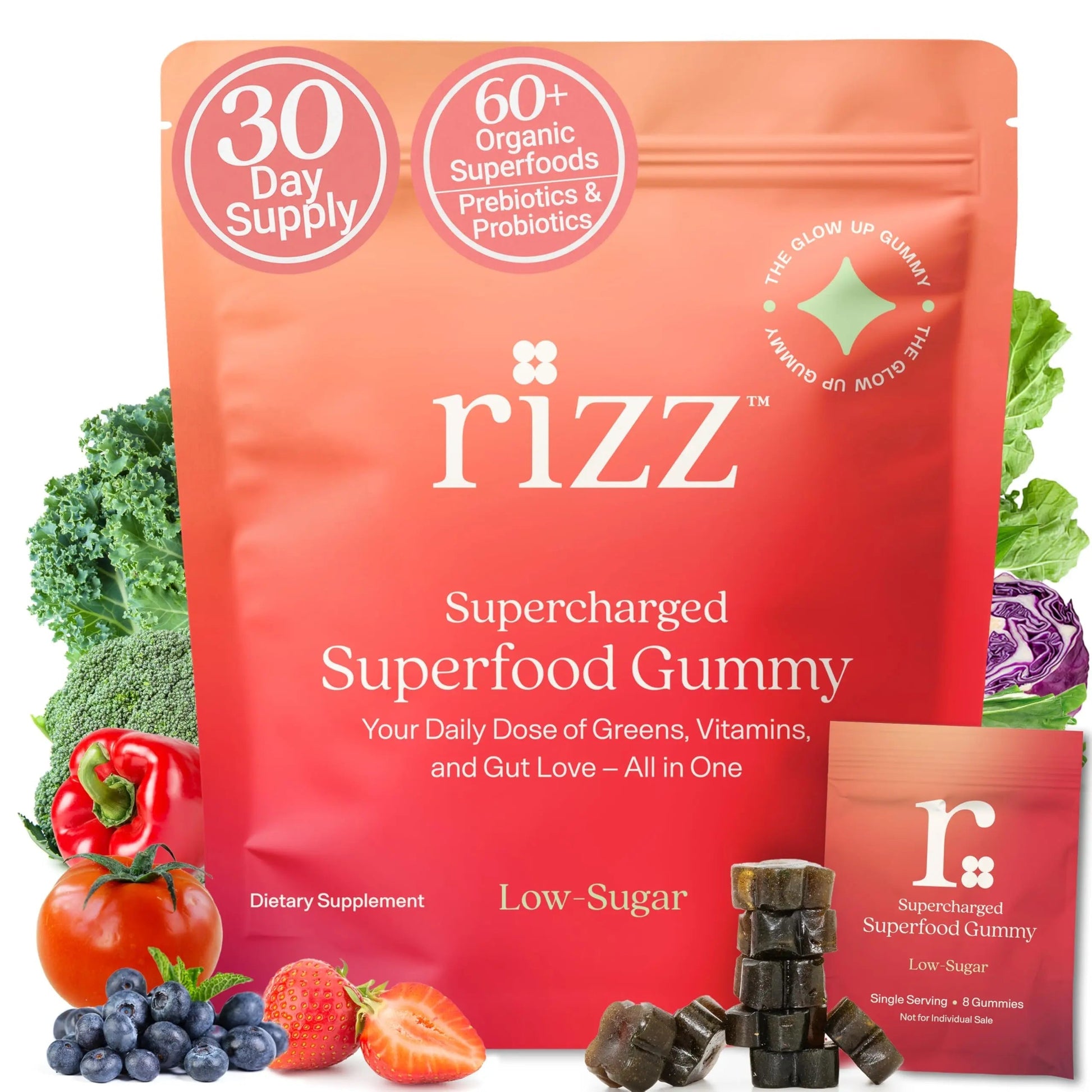Rizz Low Sugar Green Gummies - 60+ Superfoods 6g Fiber - Prebiotic and Probiotic Gummies - Vegan Multivitamins for Women & Men RizzBuy Supplements Australia
