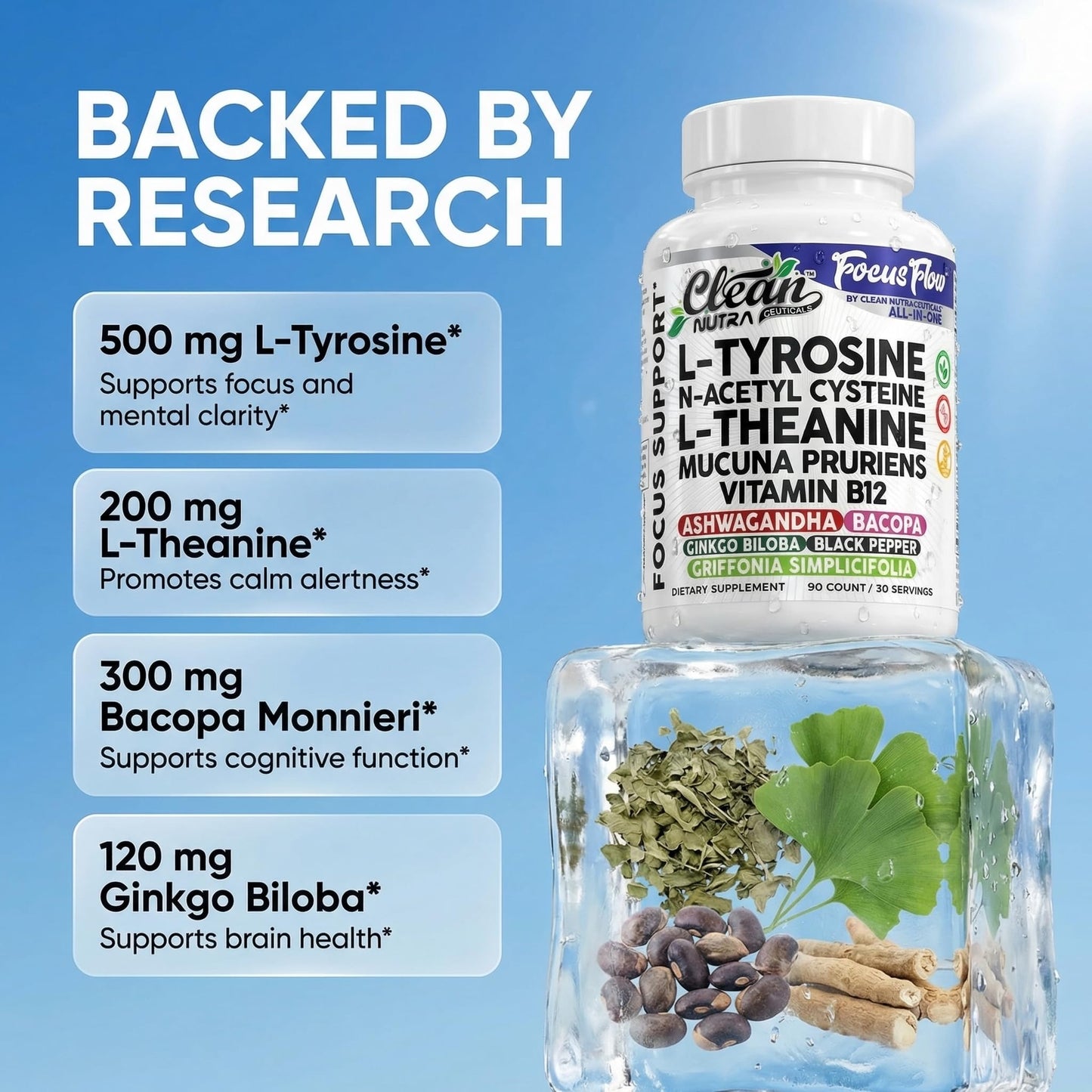 Focus Flow L-Tyrosine Vitamin B C D L-Theanine Ashwagandha Ginkgo Biloba Vitamin B12 Thiamine Black Pepper N-Acetylcysteine Mucuna Pruriens 90 Count Capsules by Clean Nutra Clean NutraceuticalsBuy Supplements Australia